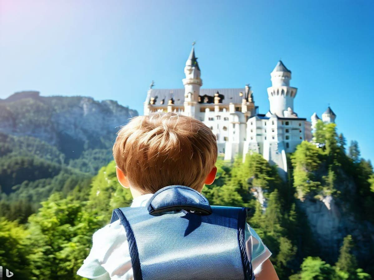 niño de atrás mirando el castillo de Neuschwanstein, Alemania en un día soleado