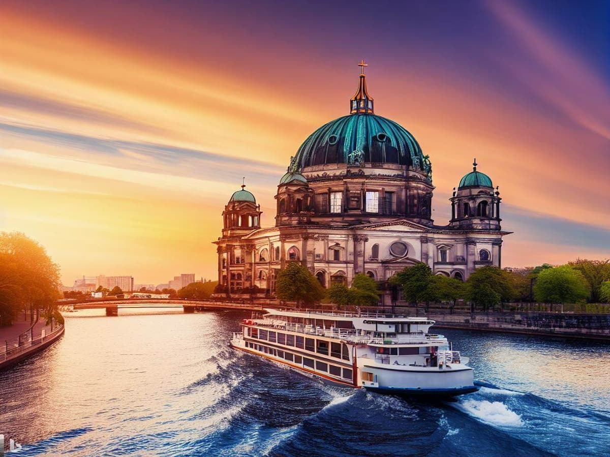 Catedral de Berlín con barco en el río Spree al atardecer, Berlín, Alemania