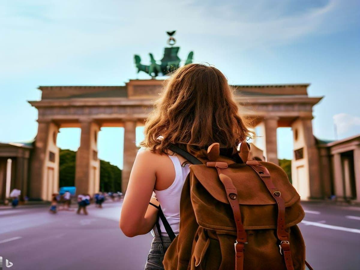 Una chica turista con una mochila mirando la Puerta de Brandenburgo en Berlín.
