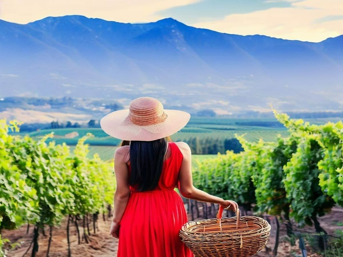 mujer joven con vestido rojo, cabello largo y sombrero, desde atrás, sosteniendo una canasta en un paisaje de viñedos con montañas al fondo en Chile