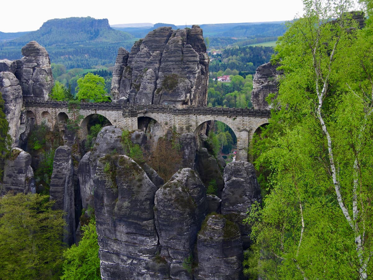 Puente, Suiza sajona, Bastei, montañas de arenisca del Elba, Sajonia, piedra arenisca, vista, Árbol, montaña, arquitectura